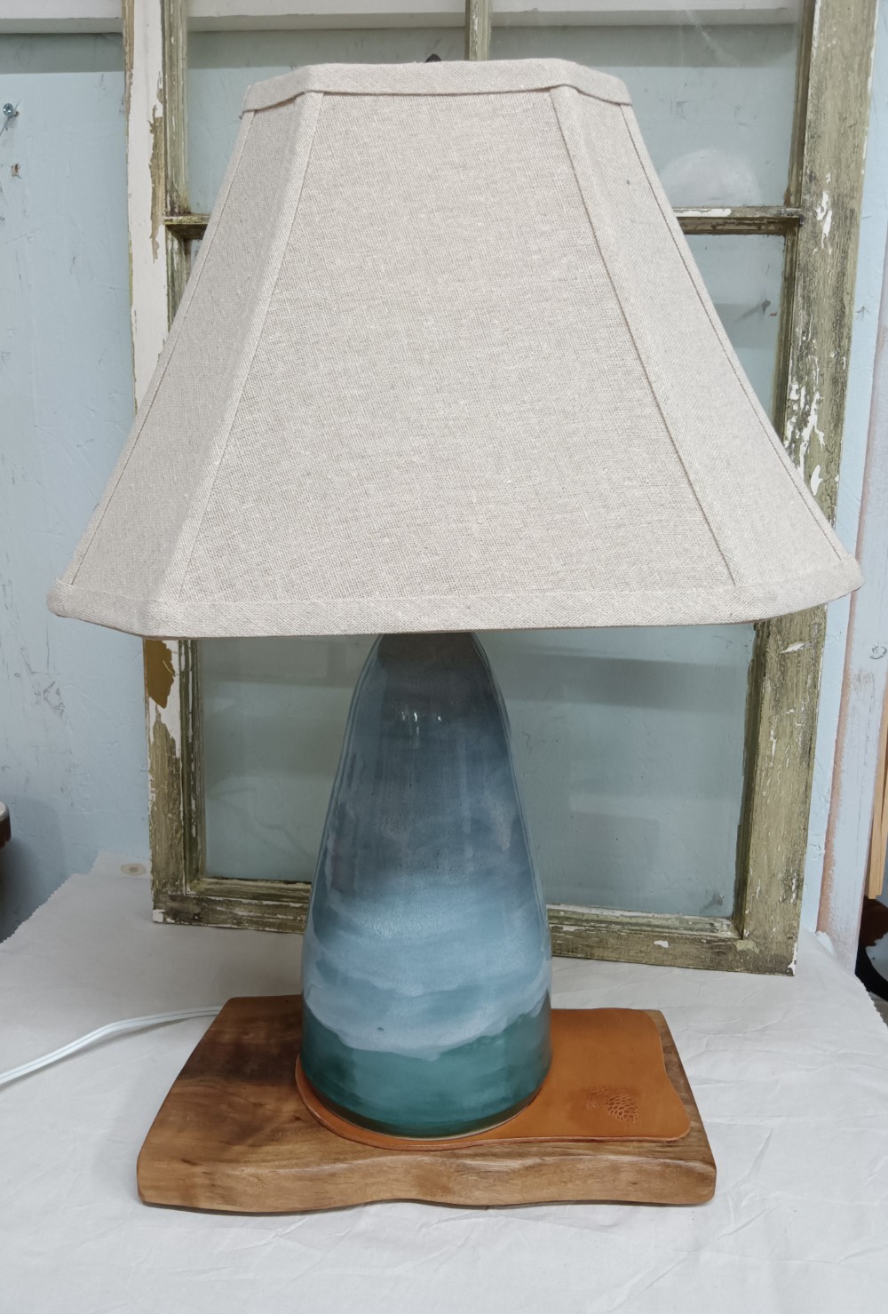 Ceramic Lamp with Linen Shade  / Walnut and Leather Base